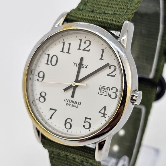 Timex Men's Watch 35MM White Dial Date New Army Green Canvas Bands New Battery - Picture 3 of 13